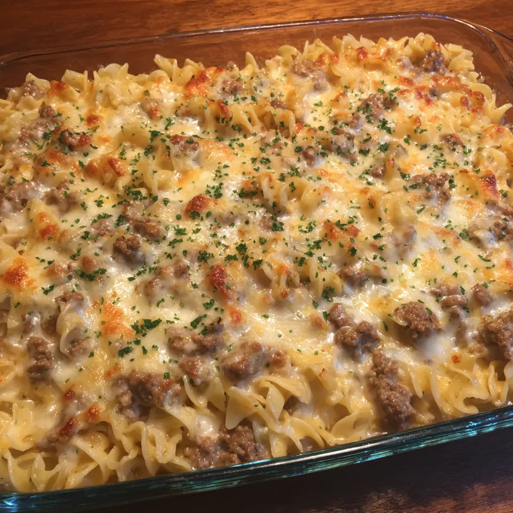 Cheesy beef noodle casserole