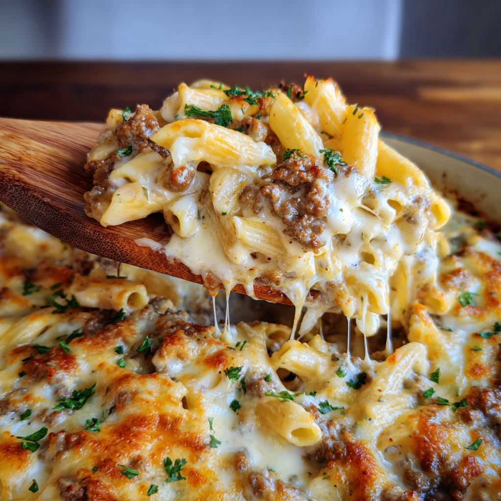 Beef Alfredo Ziti Casserole