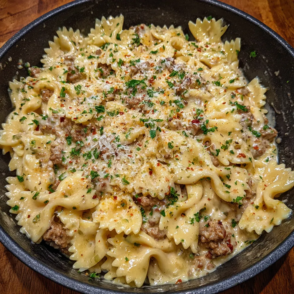 Spiced ground beef bowtie pasta close up