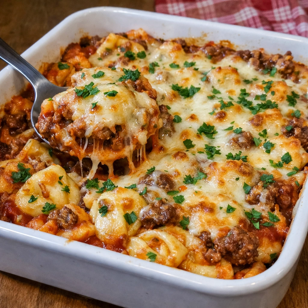 Cheesy Beef Tortellini Bake