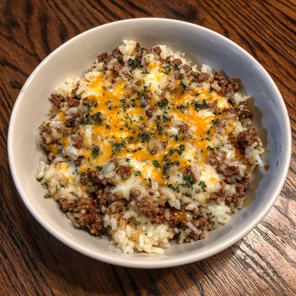 Cheesy Beefy Garlic Butter Rice Bowl