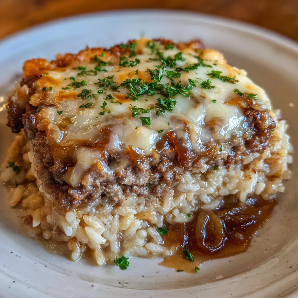 Cheesy French onion beef bake