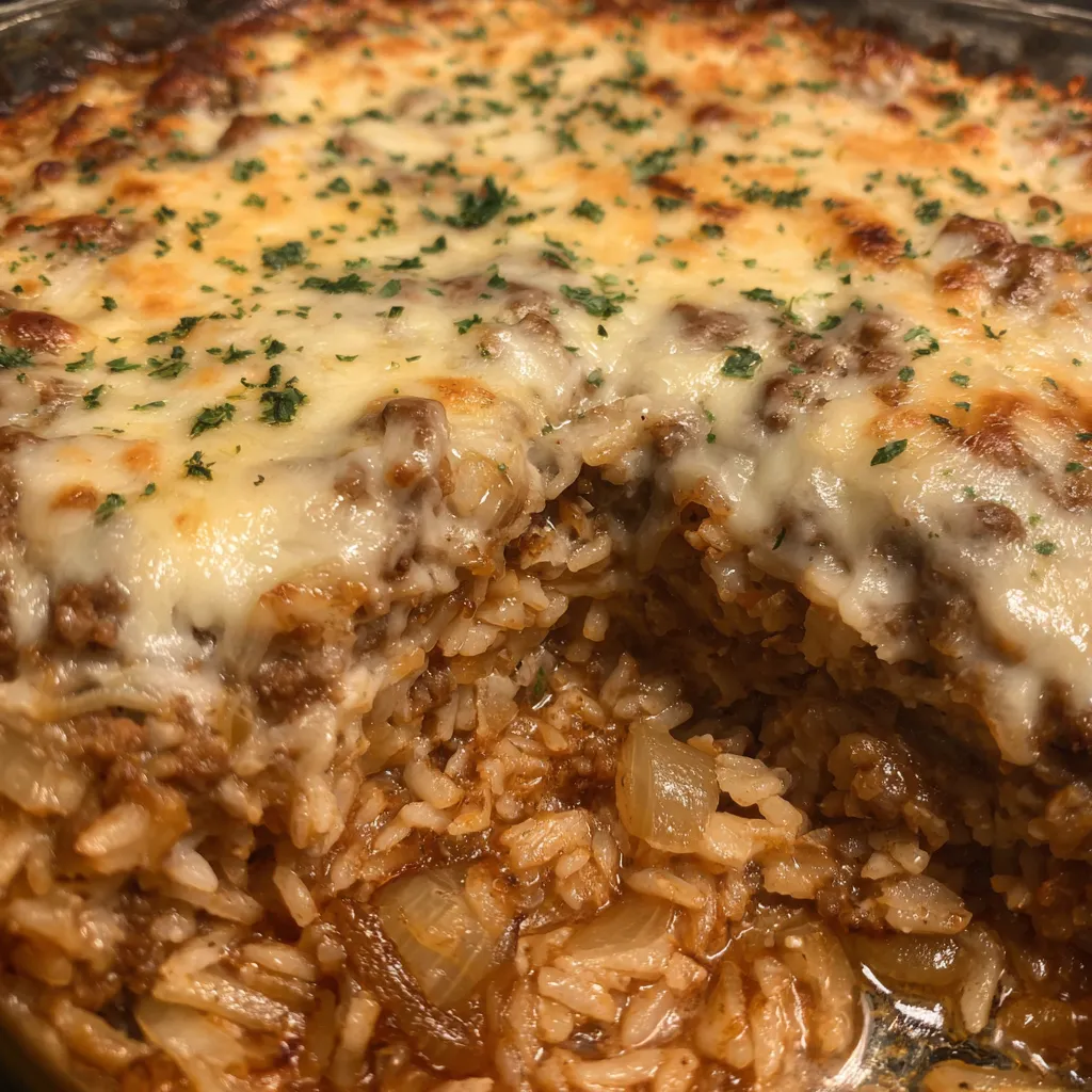 Ground beef and rice casserole close up