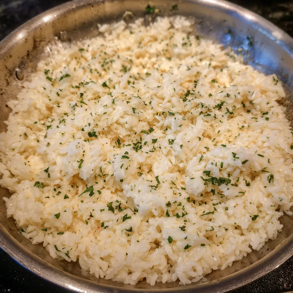 Buttery garlic rice close up