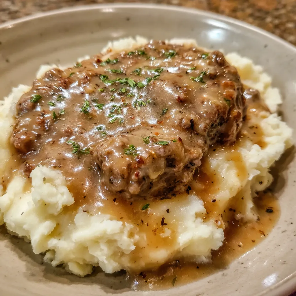 Hamburger gravy over mashed potatoes