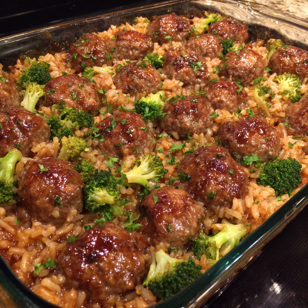 Honey Garlic Meatball Rice Bake