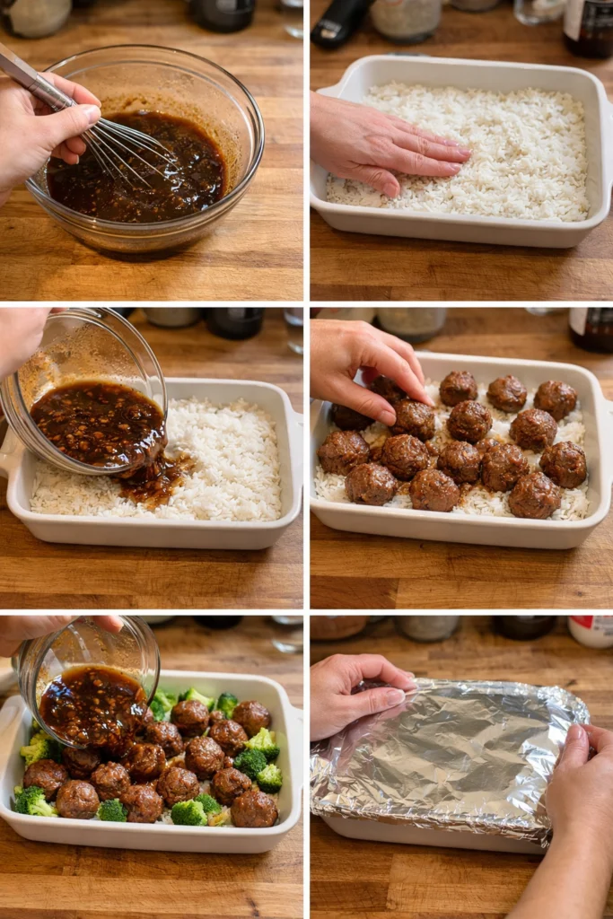 Honey Garlic Meatball Rice Bake