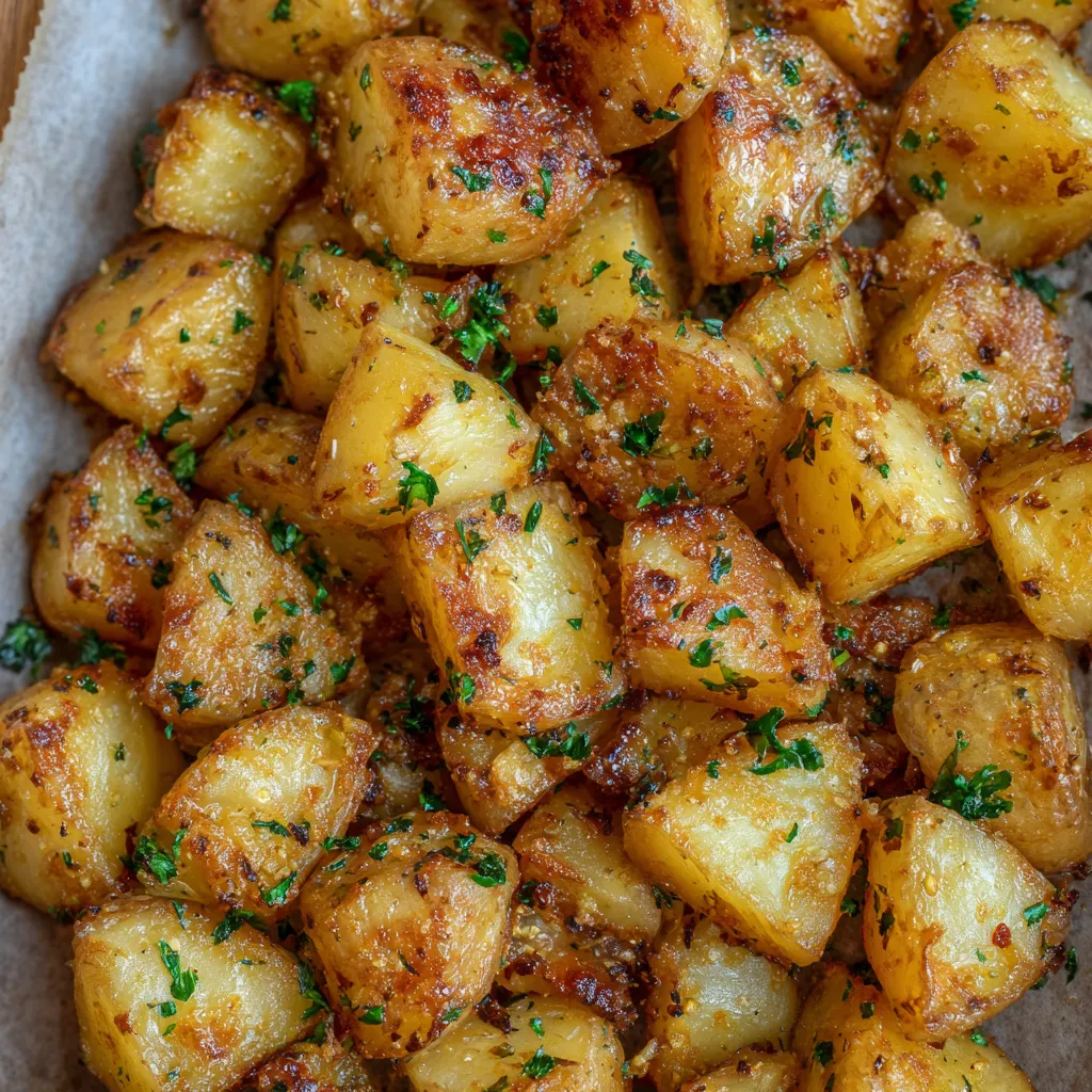 Golden roasted potato cubes on tray