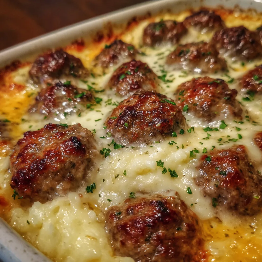 Comfort food meatball casserole close up
