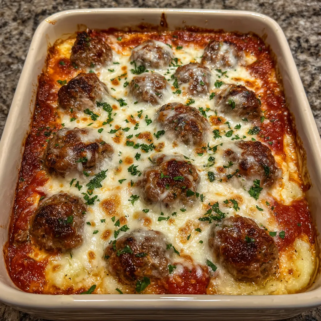 Comfort food meatball potato casserole close up