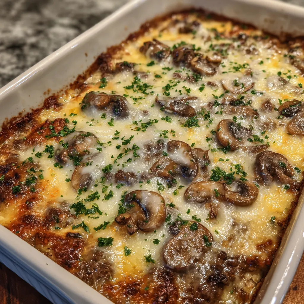 Ground beef mushroom casserole close up
