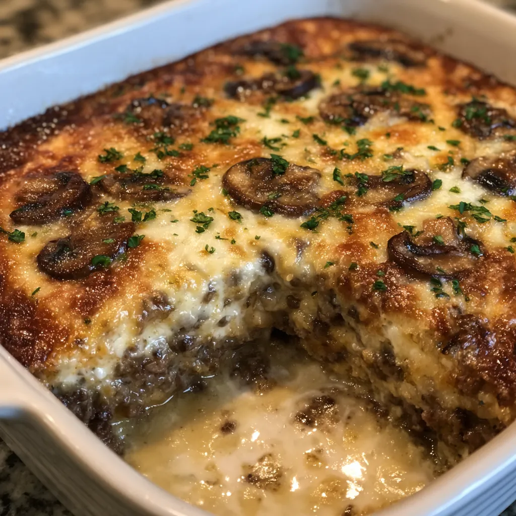 Cheesy mushroom beef bake