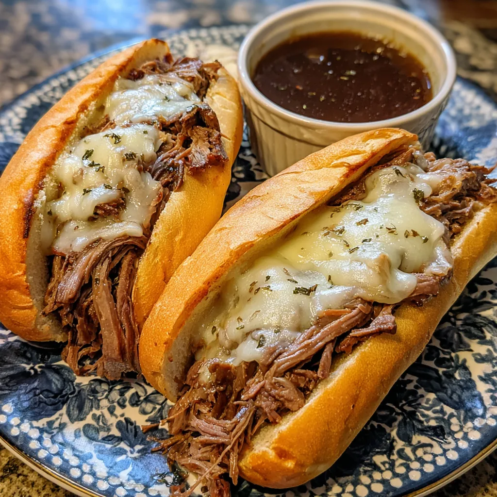 Shredded beef sandwich with au jus