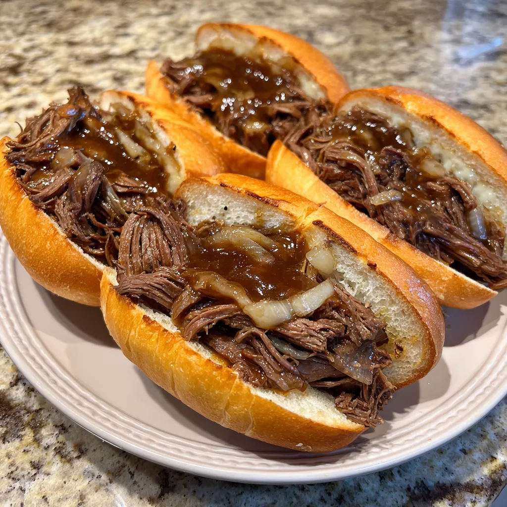 Toasted French dip sandwich close up