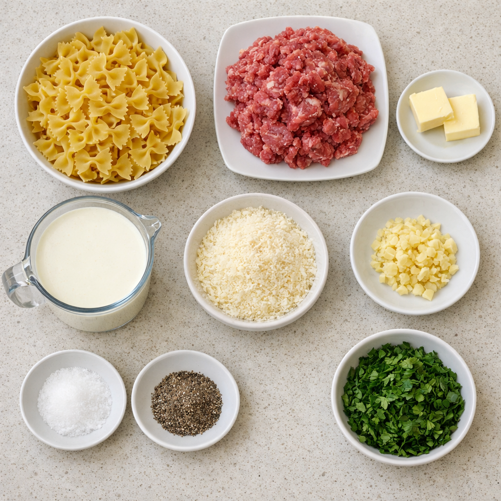Beef and Bowtie Pasta with Alfredo Sauce