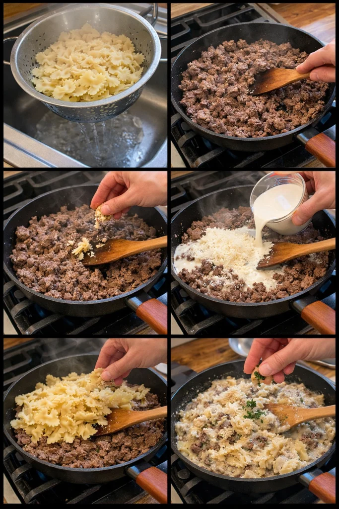 Beef and Bowtie Pasta with Alfredo Sauce