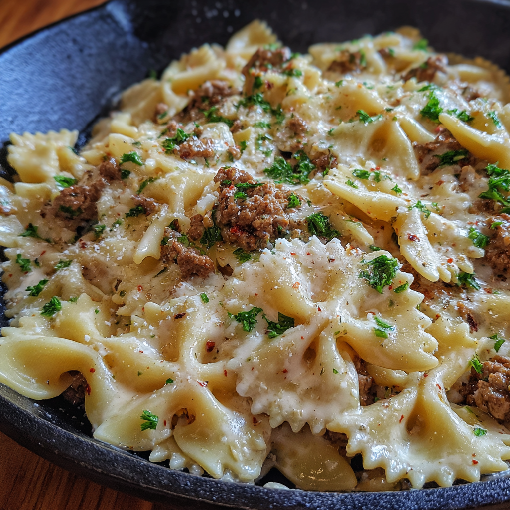 Beef and Bowtie Pasta with Alfredo Sauce