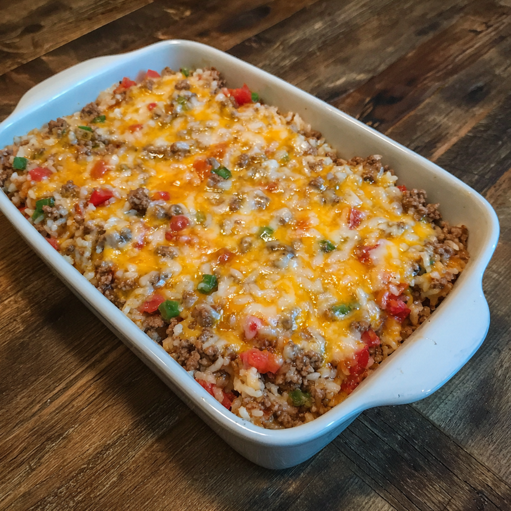 Cheesy Ground Beef and Rice Casserole