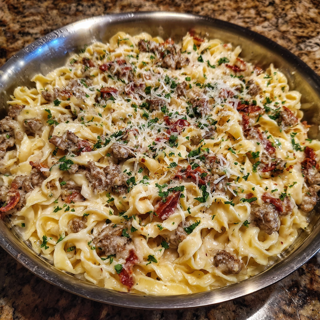 Creamy Loaded Cheeseburger Alfredo Pasta