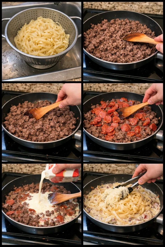 Creamy Loaded Cheeseburger Alfredo Pasta