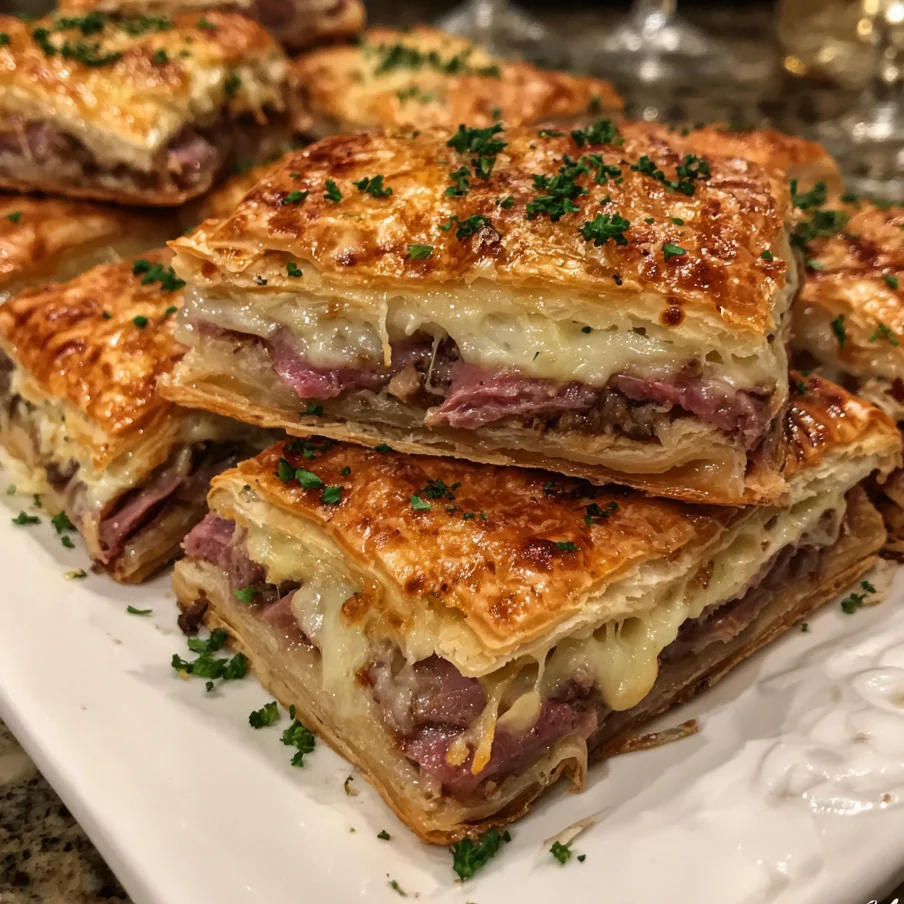 Crispy Smoked Beef & Cheese Puff Pastry Stacks