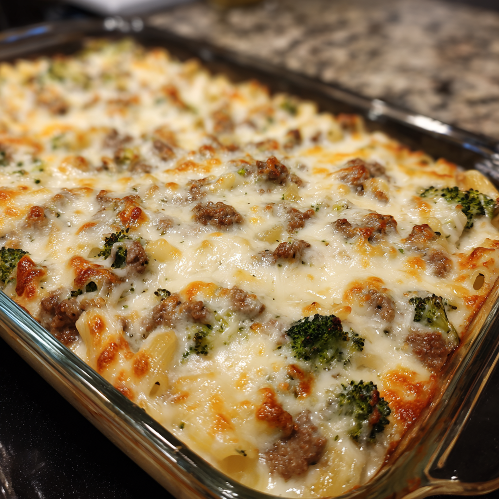 Dump and Bake Beef Alfredo Casserole