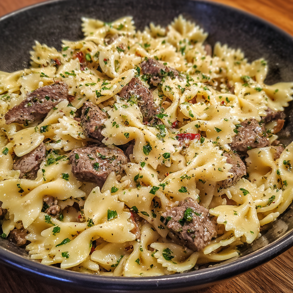 Garlic Butter Bowtie Pasta with Beef