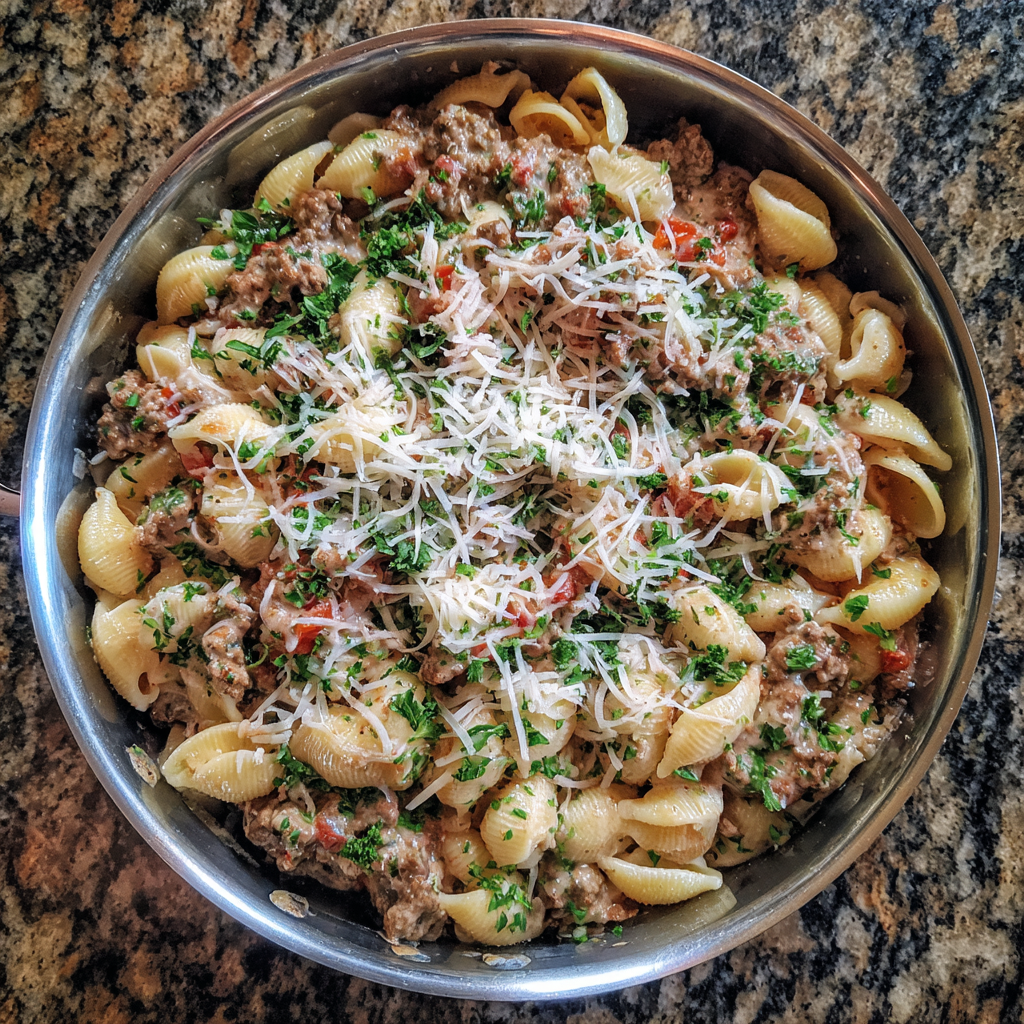 One Pot Creamy Beef and Shells