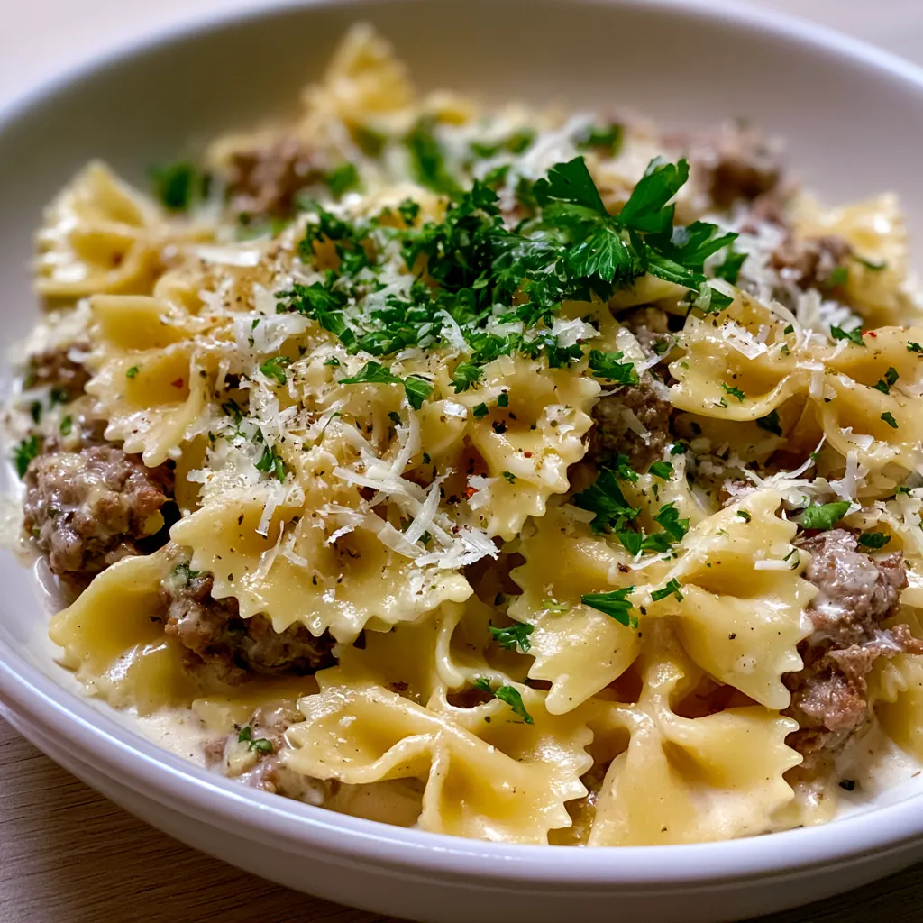 Creamy Parmesan Garlic Beef Bowtie Pasta
