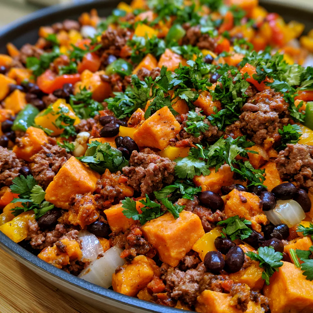 Southwest Ground Beef and Sweet Potato Skillet